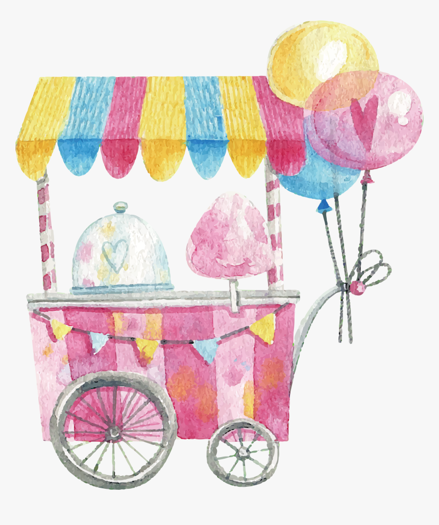 Cart Watercolor Candy Cotton Lollipop Hand-painted - Watercolor Cotton Candy Png, Transparent Png, Free Download